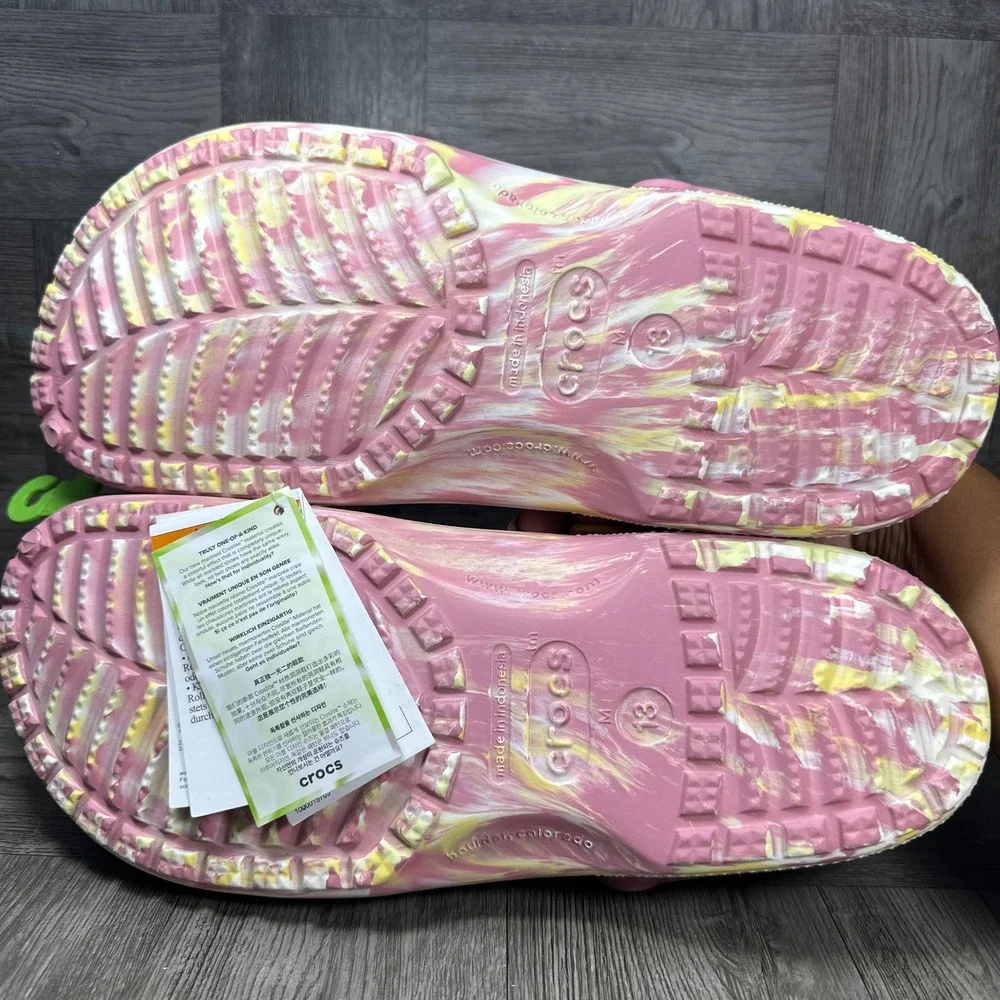 Crocs Classic Clog Mens 13 Pink Yellow Marble Tie Dye Slip On NEW